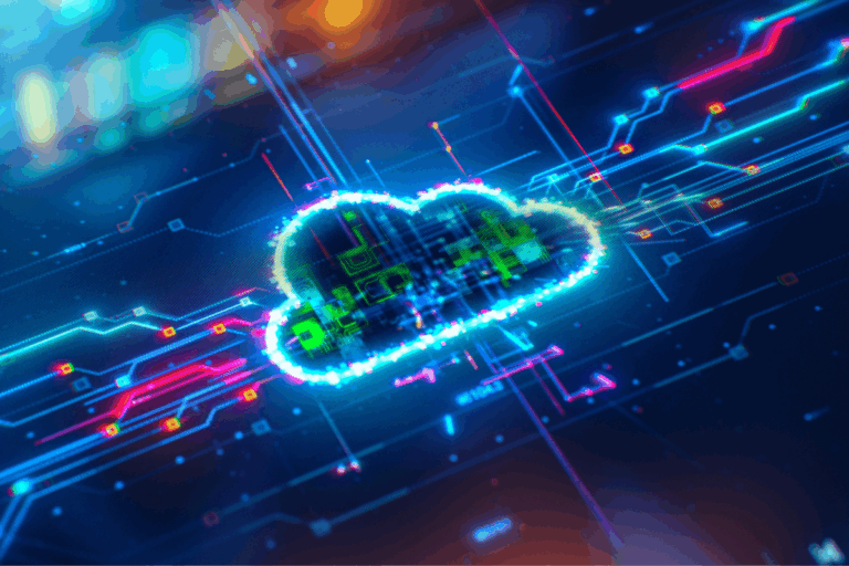 ilustração digital de uma nuvem composta por circuitos eletrônicos e linhas conectadas, representando conceitos de tecnologia de nuvem e infraestrutura cloud native. A imagem inclui cores neon vibrantes em tons de azul, rosa e verde, destacando a conectividade e a fluidez do processamento de dados na nuvem.