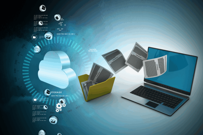 a ilustração de um computador recebendo folhas que saem de uma pasta física, em engrenagem com uma nuvem roteando diversos dados, serve como imagem destacada para texto sobre o que é data warehouse.