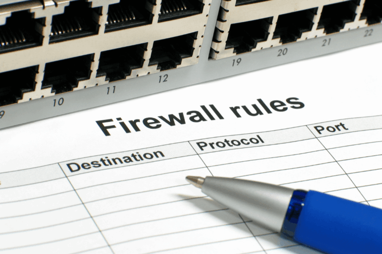 imagem mostrando uma tabela de regras de firewall com colunas para destino, protocolo e porta, ao lado de um roteador com várias portas de rede. Representa o gerenciamento de regras e a segurança da rede e ilustra artigo sobre regras de firewall no pfSense.