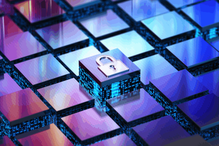 Imagem abstrata representando segurança cibernética, com um cadeado metálico digital sobre um bloco tecnológico iluminado, simbolizando proteção de dados e integração de soluções como as da Fortinet em um ambiente digital seguro.