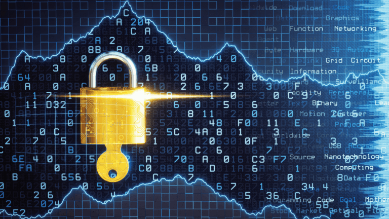 Ilustrando artigo sobre Fortinet temos cadeado dourado brilhante em destaque, sobreposto a um fundo digital composto por números, letras e gráficos que representam códigos binários e conexões de rede. A imagem simboliza segurança cibernética, proteção de dados e tecnologia empresarial.