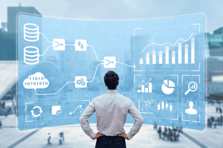 Homem de costas olhando para uma tela virtual transparente com gráficos, fluxos de dados e ícones de gerenciamento de dados. Representação do conceito de gerenciamento de dados e análise de informações em ambientes digitais.
