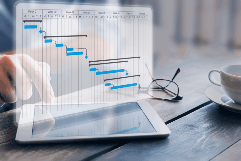 tabela de Gantt projetada digitalmente sobre um tablet ilustra artigo sobre Microsoft Loop para gestão de projetos. Uma mão toca a tela, interagindo com o gráfico de barras que representa a linha do tempo de um projeto, dividida em semanas e dias. Ao lado do tablet, há um par de óculos e uma xícara de café sobre uma mesa de madeira.