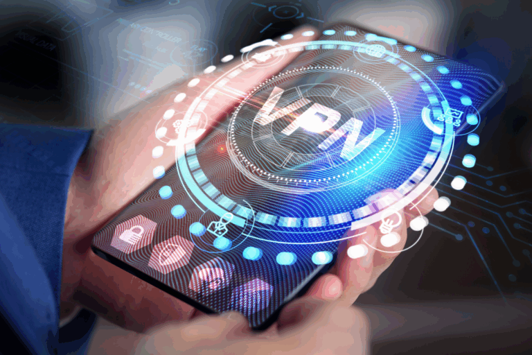 imagem de um smartphone exibindo a palavra 'VPN' em um design futurista, com ícones de segurança digital e elementos gráficos tecnológicos ao fundo, representando conectividade e proteção de dados, ilustra artigo sobre configuração de VPN com pfSense