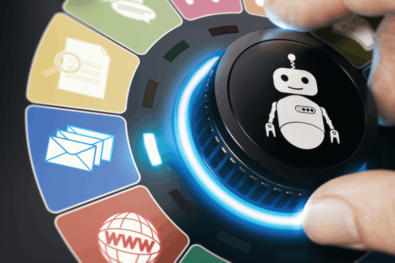 imagem de uma mão ajustando um botão rotativo com um ícone de robô no centro, representando a automação de processos. Ao redor do botão, ícones coloridos simbolizam diferentes tipos de tarefas automatizadas, como envio de e-mails, navegação na web e análise de documentos, ilustrando a versatilidade da Automação Robótica de Processos (RPA).