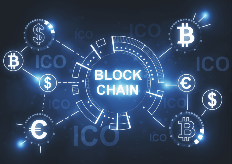 Sobre fundo azul escuro, está centralizado o escrito dividido em duas palavras, BLOCK CHAIN, dentro de um círculo formado por linhas que se alongam e levam a cifrões e símbolos de moedas como euro; representando as revoluções que a tecnologia blockchain pode trazer para o mercado das transações financeiras.
