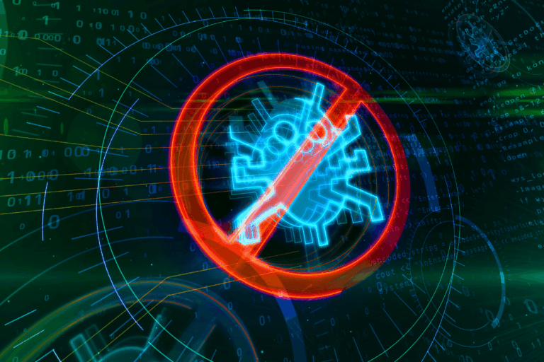 ilustrando artigo sobre melhor antivírus gratuito, a imagem apresenta uma ilustração digital que simboliza a proteção contra vírus de computador. No centro, há um ícone de um inseto, estilizado para representar um vírus, cercado por um círculo vermelho com uma linha diagonal, indicando a proibição ou a eliminação do vírus. O fundo é composto por uma série de códigos binários e elementos gráficos abstratos, representando o ambiente digital e a cibernética. Linhas e formas circulares em tons de verde e azul se sobrepõem, criando um efeito dinâmico que evoca a complexidade e a atividade constante do mundo digital. A imagem ilustra um artigo sobre o melhor antivírus gratuito e transmite uma mensagem de segurança cibernética e proteção contra ameaças digitais.