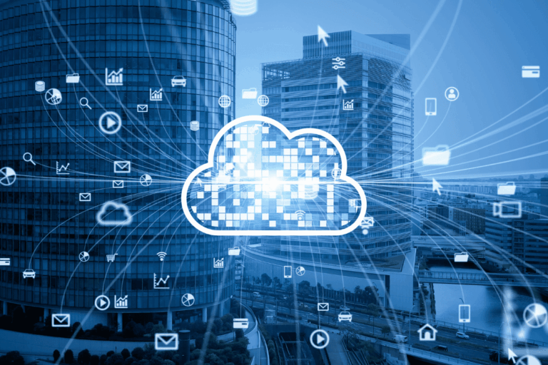 ilustração representando a migração para Cloud Computing mostra um grande ícone de nuvem digital no centro, com linhas conectando diversos ícones relacionados à tecnologia, como e-mails, gráficos, dispositivos móveis e bancos de dados, flutuando ao redor da nuvem. Ao fundo, há um cenário urbano moderno com edifícios de escritórios, simbolizando a conectividade e a digitalização das empresas através da nuvem.