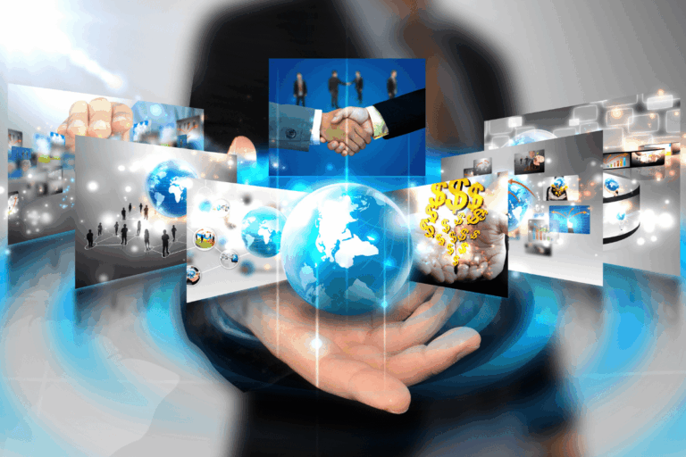 ilustrando artigo sobre uso do SharePoint nas empresas, com tendências atuais e futuras, temos a imagem abstrata de mão segurando um globo terrestre com conexões digitais, cercado por múltiplos painéis flutuantes que exibem elementos de negócios, tecnologia e colaboração, como pessoas, gráficos e apertos de mão, representando inovação e conectividade global.
