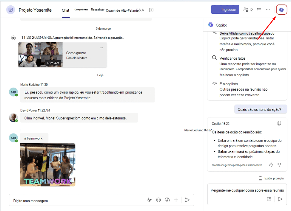 Copilot na Reunião do Teams