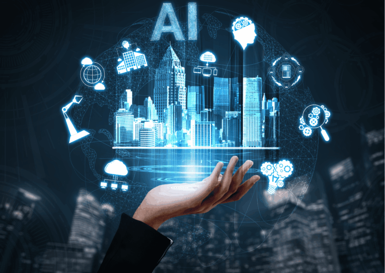 Representando o impacto da inteligência artificial nas empresas, está ao fundo uma foto desfocada de uma cidade, e, em destaque, uma mão humana aparece com a palma virada para cima onde está o holograma de uma metrópole, repleta de prédios e, ao redor da imagem, estão alguns símbolos como engrenagens e lupa, prédios, nuvem e, em destaque a sigla AI, de artificial intelligence.