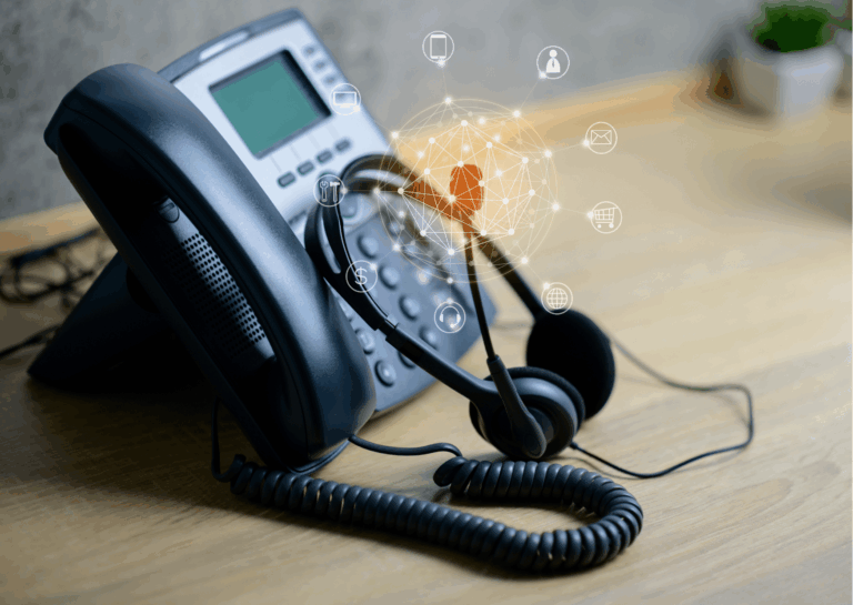 Sobre uma mesa de madeira clara, próximo à uma parede cinza escura, está disposto um telefone preto com fio, com tela acima dos botões e, à sua frente, apoiado no aparelho, está um headphone; exemplificam a diferença entre VoIP e telefonia IP.