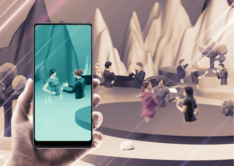 Em um ambiente digital, avatares de pessoas estão interagindo uns com os outros e, do lado esquerdo, uma mão humana segura um aparelho celular e, em sua tela, o ambientes que antes estava acinzentado, passa a ficar todo azulado, com ênfase em dois avatares interagindo; representando o multiverso do metaverso.
